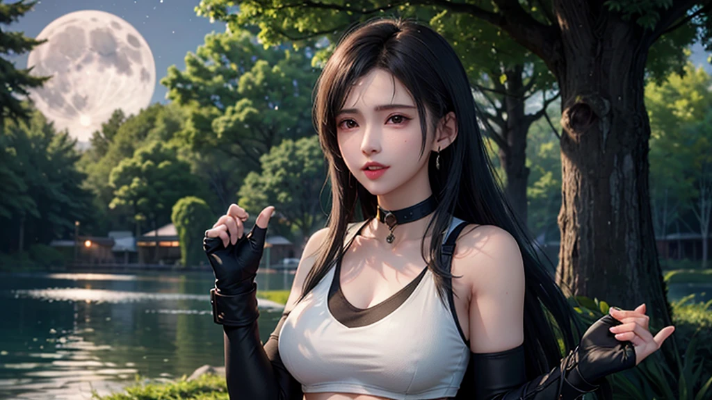 (masterpiece, best quality:1.3) DOAKokoro, 1girl, solo, long hair, breasts, black hair, gloves, bare shoulders, jewelry, choker, day, midriff, fingerless gloves, water, tree, lips, Midnight, Moon, Glow