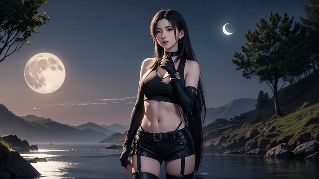 (masterpiece, best quality:1.3) DOAKokoro, 1girl, solo, long hair, breasts, black hair, gloves, bare shoulders, jewelry, choker, day, midriff, fingerless gloves, water, tree, lips, Midnight, Moon, Glow

