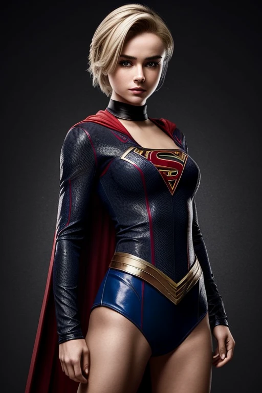 Gorgeous european woman with very short hair, short hair with fringe, wet hair, hair slicked back, combed straight back, slick hair, streaked blonde hair, seductive pose, sabrina carpenter as supergirl, torn ragged supergirl costume, cleavage, solid dark grey background with spider web