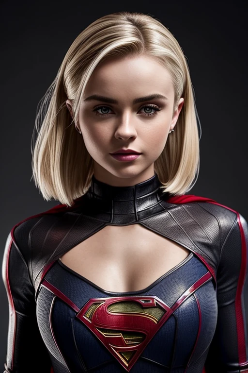 Gorgeous european woman with very short hair, short hair with fringe, wet hair, hair slicked back, combed straight back, slick hair, streaked blonde hair, seductive pose, sabrina carpenter as supergirl, torn ragged supergirl costume, cleavage, solid dark grey background with spider web