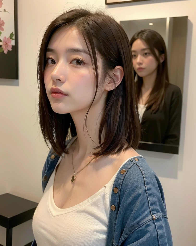 (Highly realistic photos, High resolution, Detailed face, Fine grain), ((Photographed in front of a white wall))、Japanese women, 20-year-old, A variety of expressions, alone:1, Slim figure, Various hairstyles, Casual clothing, 写真の中でalone、Selfie、Photographed in natural light、Simple Necklace、Spring Clothes、Looking at the camera、profile、Dark brown hair color　Scenery inside a beauty salon