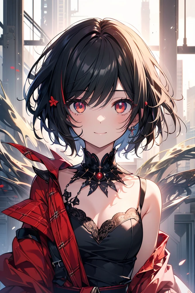 (masterpiece, highest quality, highest quality, (No text), Beautiful and aesthetic:1.2),No text,アニメ、BREAK,One Girl,Black Hair Girl short hair Tree Eyes Beautiful eyes Red eyes cool smile Red and Black mini skirt whole body