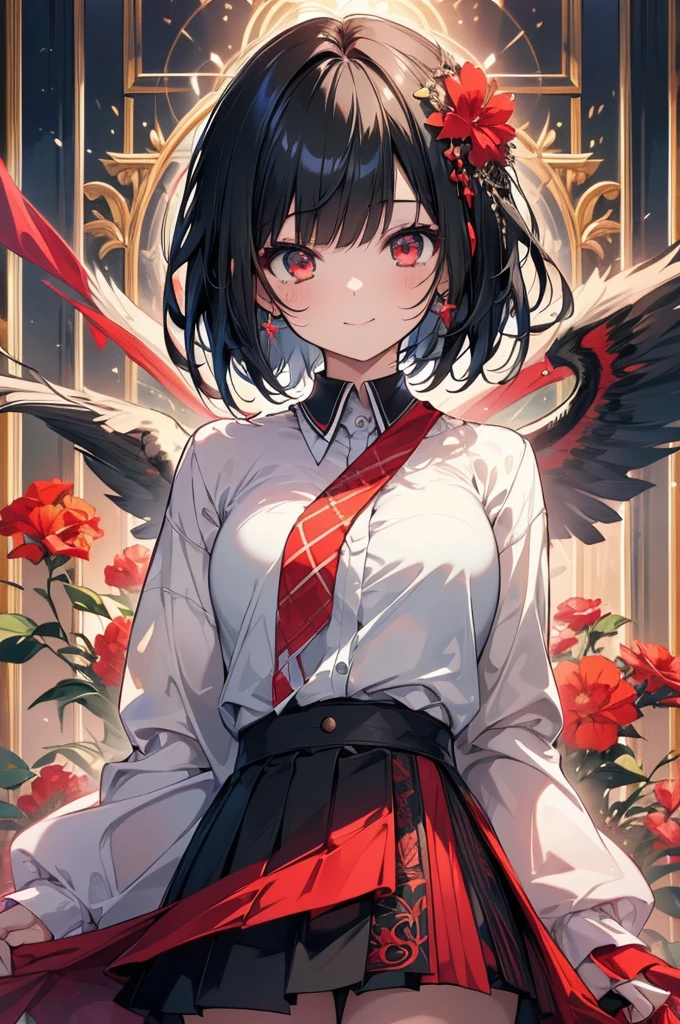 (masterpiece, highest quality, highest quality, (No text), Beautiful and aesthetic:1.2),No text,アニメ、BREAK,One Girl,Black Hair Girl short hair Tree Eyes Beautiful eyes Red eyes cool smile Red and Black mini skirt whole body