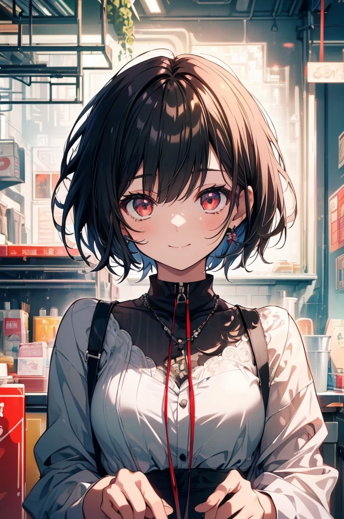 (masterpiece, highest quality, highest quality, (No text), Beautiful and aesthetic:1.2),No text,アニメ、BREAK,One Girl，Black Hair Girl　short hair　Tree Eyes　Beautiful eyes　Red eyes　cool　smile　Red and Black　mini skirt　whole body
