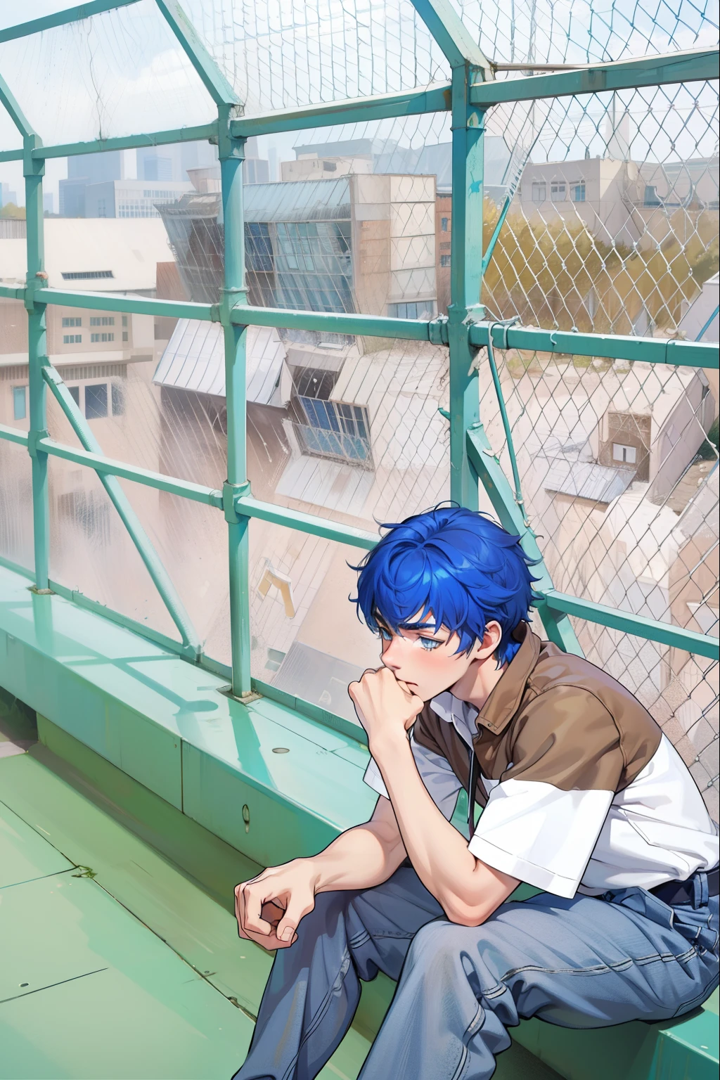 There is a 16-year-old boy with blue hair, blue eyes, on top of a school building, he is thoughtful, somewhat sad, looking at the city.