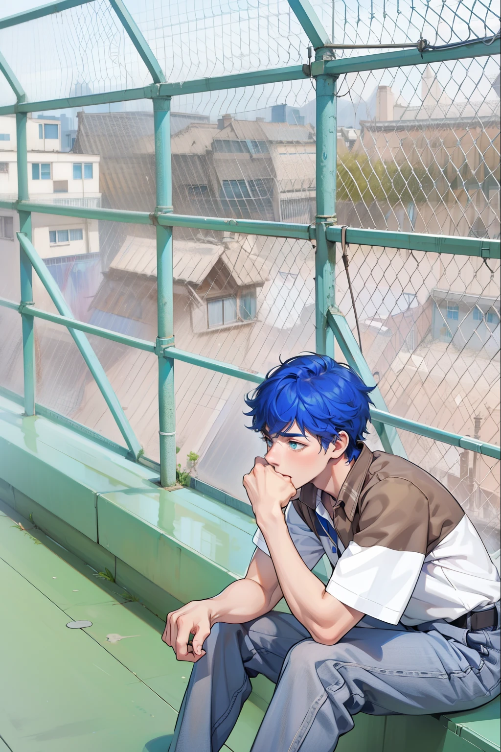 There is a 16-year-old boy with blue hair, blue eyes, on top of a school building, he is thoughtful, somewhat sad, looking at the city.