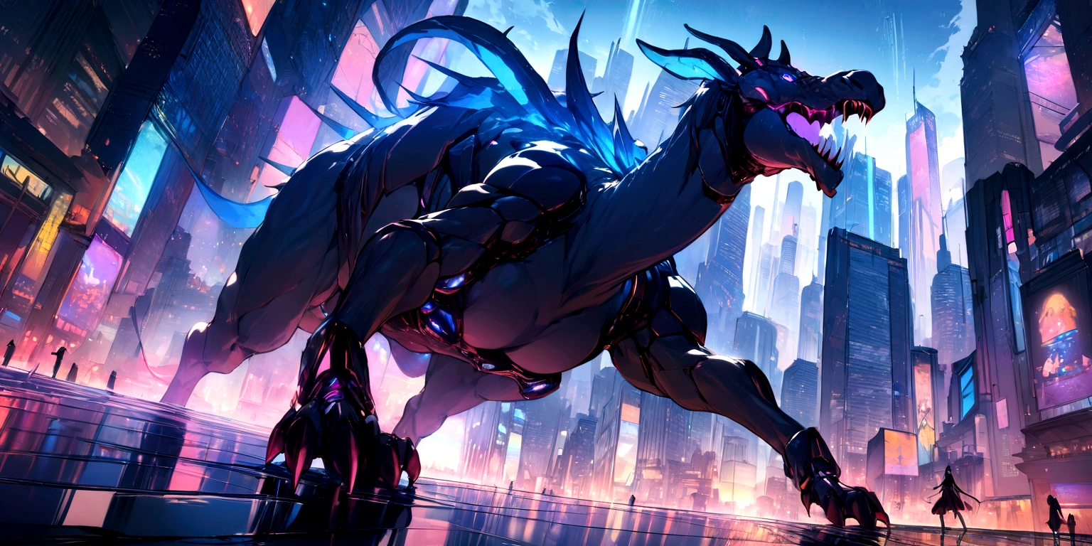 ((masterpiece, Highest quality, Best image quality, High resolution)) Big Camel Devil、Devil Camel、Female demon、Glowing blue eyes and advanced cybernetic enhancements. Seen in dynamic action poses, reflection on a smooth surface. The cityscape below is filled with towering skyscrapers., illuminated by colorful holographic advertisements, Shining with blue energy, Mighty power. The overall atmosphere is dark and mysterious., It had a futuristic techno vibe.. The lighting is dramatic, Intense highlights and deep shadows, Creates depth and tension. Color Palette