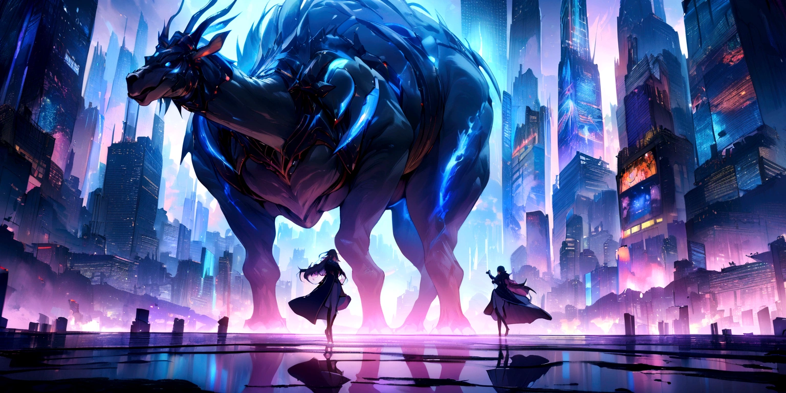 ((masterpiece, Highest quality, Best image quality, High resolution)) Big Camel Devil、Devil Camel、Female demon、Glowing blue eyes and advanced cybernetic enhancements. Seen in dynamic action poses, reflection on a smooth surface. The cityscape below is filled with towering skyscrapers., illuminated by colorful holographic advertisements, Shining with blue energy, Mighty power. The overall atmosphere is dark and mysterious., It had a futuristic techno vibe.. The lighting is dramatic, Intense highlights and deep shadows, Creates depth and tension. Color Palette