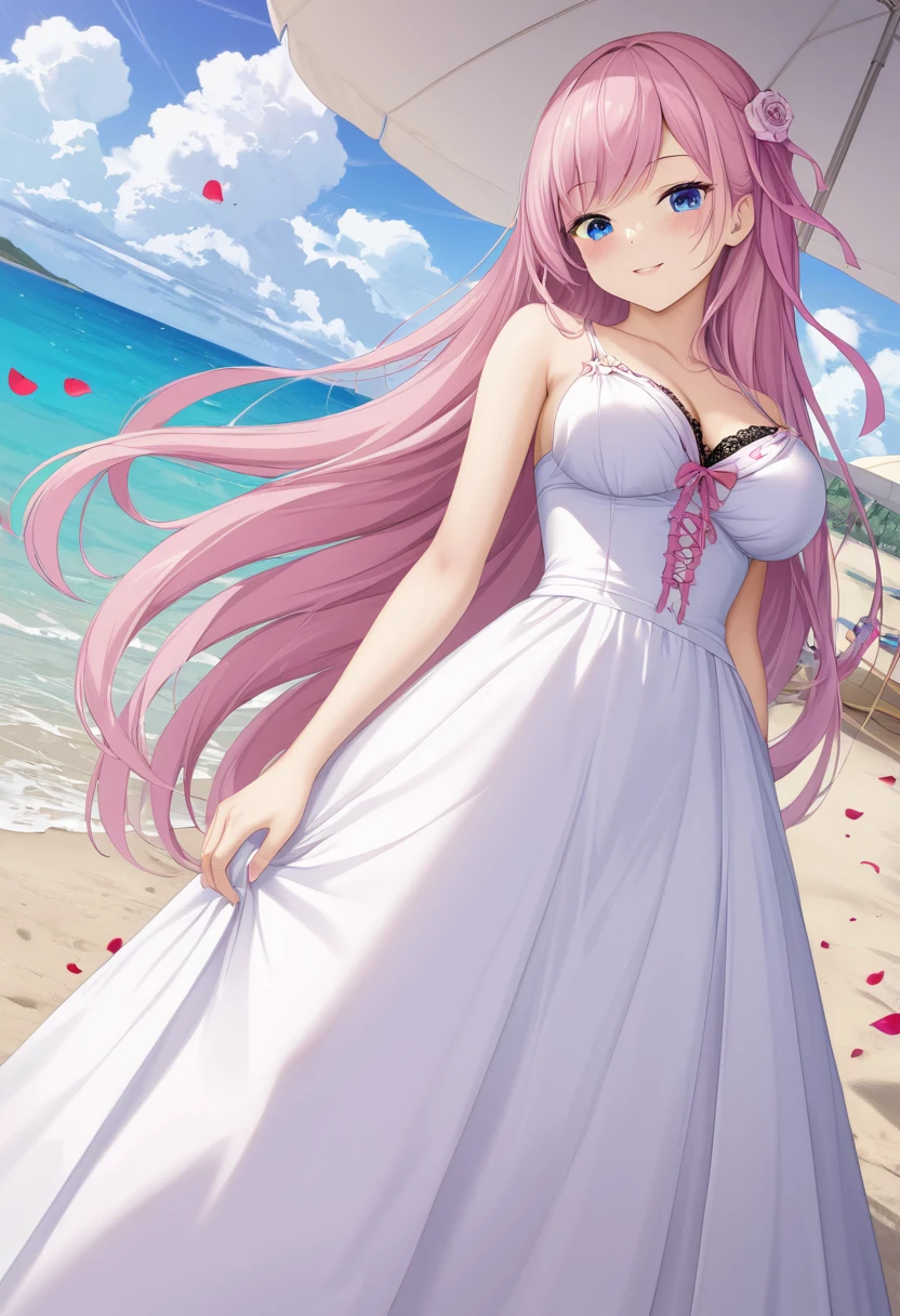 ((Highest quality)), ((masterpiece)), (detailed), ((Perfect Face)), Lilia, One Girl、Pink Hair、blue eyes、White dress with black lace、large pink ribbon on the chest、((whole body))、((Beach))、Fantastic、Mysteriouany petals flutter)、Artistic、Long skirt fluttering、Angle from below、