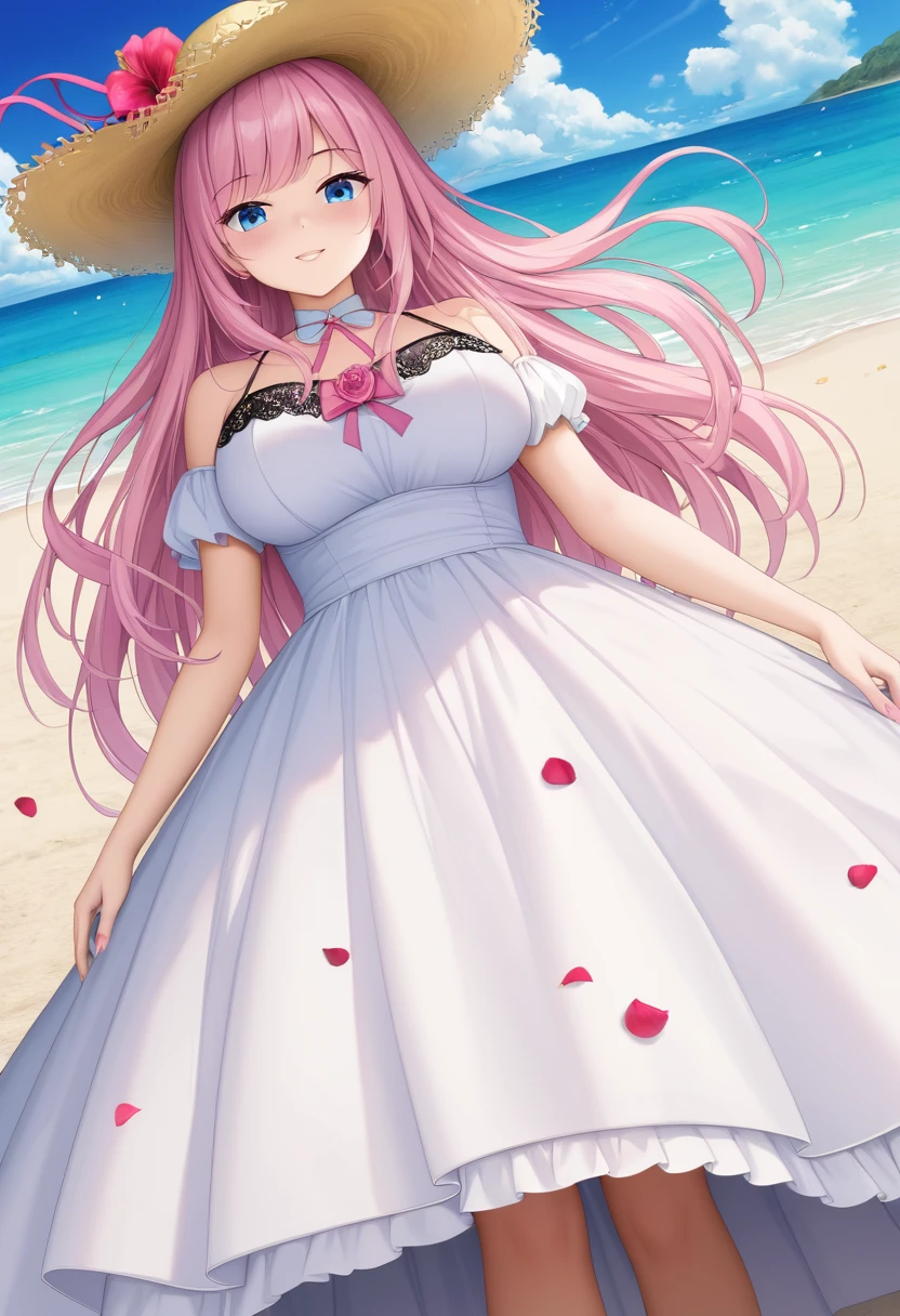 ((Highest quality)), ((masterpiece)), (detailed), ((Perfect Face)), Lilia, One Girl、Pink Hair、blue eyes、White dress with black lace、large pink ribbon on the chest、((whole body))、((Beach))、Fantastic、Mysteriouany petals flutter)、Artistic、Long skirt fluttering、Angle from below、