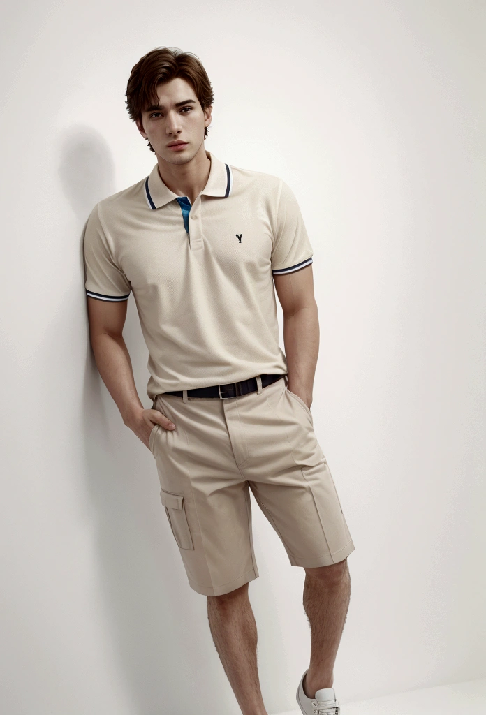 Full-body view of a man in a company polo shirt, illustrated in high resolution with a professional and clean style. The scene should have natural lighting, a neutral background, and highlight the company's logo on the polo. Camera angle: full shot