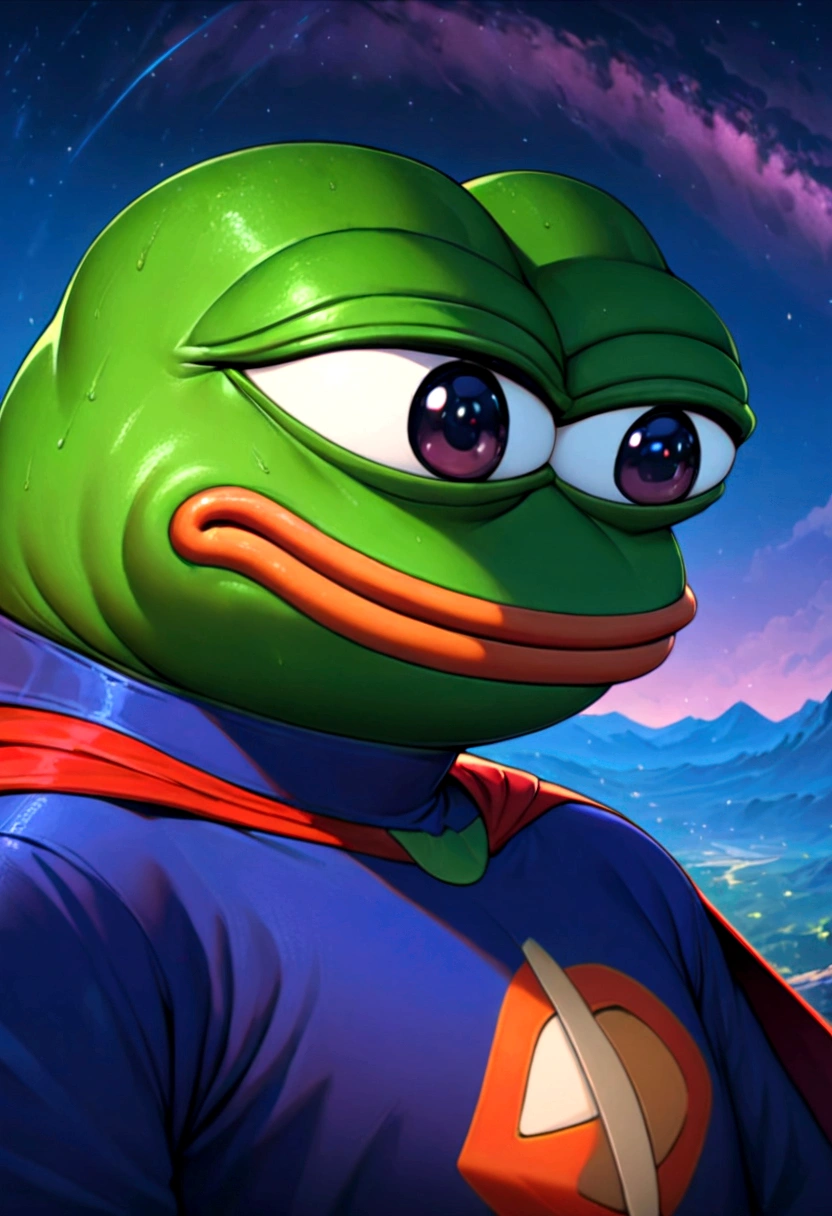 portrait of purple super hero pepe with purple skin,, wearing superman outfit with big H in middle , a starry night sky background, (((pepe_frog))),,detailed portrait, (best quality,8k,highres,masterpiece:1.2),ultra-detailed,digital painting,vibrant colors,dramatic lighting,fantasy,surreal, pepe the with purple skin, hedgehog with big mucles, hedgehog, supe hero, superman, pepe the frog, as super hero pepe_frog, high qulity (((PepeFrog))), big H on outfit, H superhero