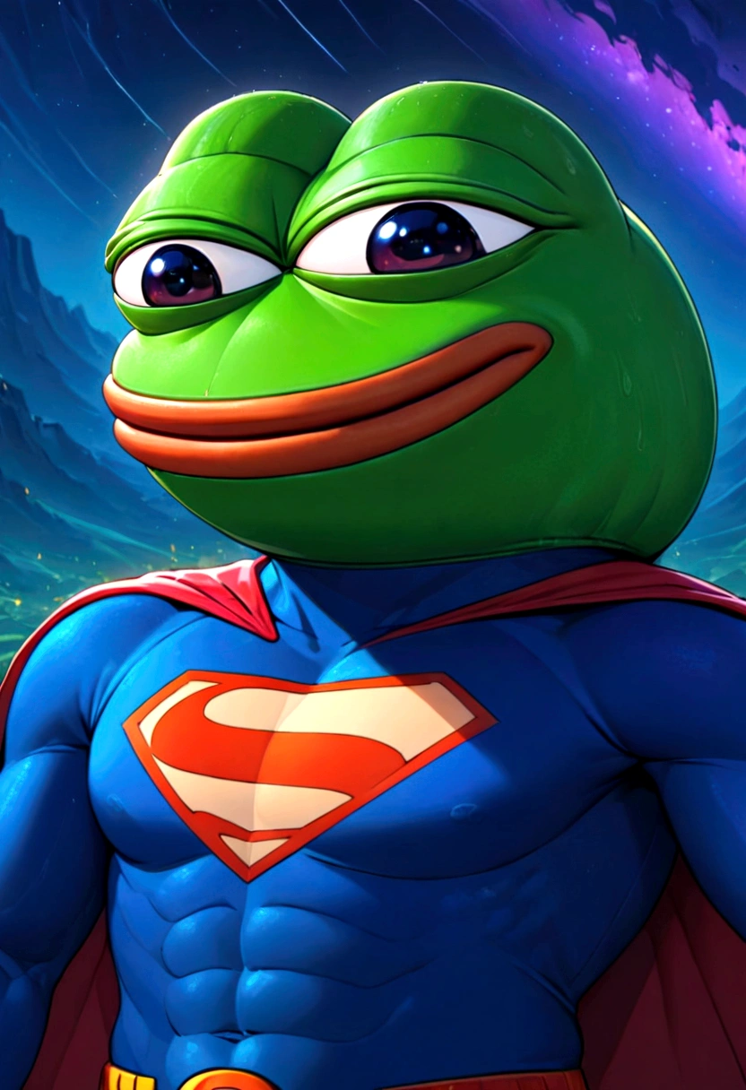 portrait of purple super hero pepe with purple skin,, wearing superman outfit with big H in middle , a starry night sky background, (((pepe_frog))),,detailed portrait, (best quality,8k,highres,masterpiece:1.2),ultra-detailed,digital painting,vibrant colors,dramatic lighting,fantasy,surreal, pepe the with purple skin, hedgehog with big mucles, hedgehog, supe hero, superman, pepe the frog, as super hero pepe_frog, high qulity (((PepeFrog))), big H on outfit, H superhero