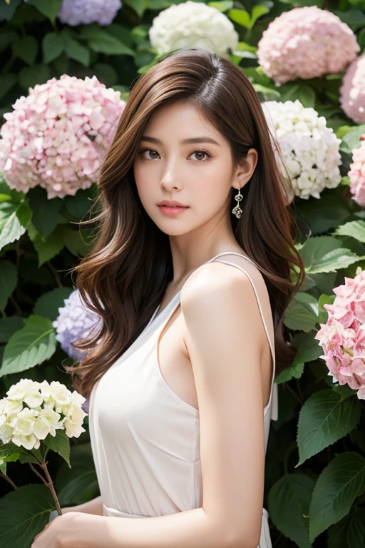 highest quality、4K、Beautiful lady、Perfect Face、Perfect Style、model、perfect body、Sunburn、beautiful lady、mature、long curly layer brown hair、Swept-back hair、full body, sexy 、charming、healthy、drive、hydrangea