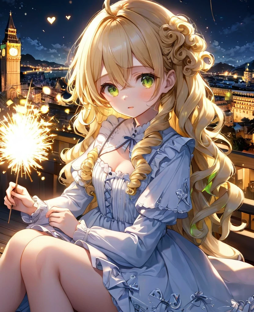 (masterpiece, best quality:1.2), (absurdres, highres, ultra-detailed), (perfect anatomy),
Cute Girls、Sitting、Sparkler、Blonde、Curly long hair、Yellow-green eyes、Sparkling、night、heart、White frilly dress
(8K, RAW photo:1.2),detailed face and eyes,intricate detail ,masterpiece ,sharp focus, high quality,BREAK,rating: general, newest
