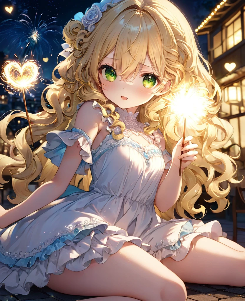 (masterpiece, best quality:1.2), (absurdres, highres, ultra-detailed), (perfect anatomy), 
Cute Girls、Sitting、Sparkler、Blonde、Curly long hair、Yellow-green eyes、Sparkling、night、heart、White frilly dress

(8K, RAW photo:1.2),detailed face and eyes,intricate detail ,masterpiece ,sharp focus, high quality,BREAK,rating: general, newest