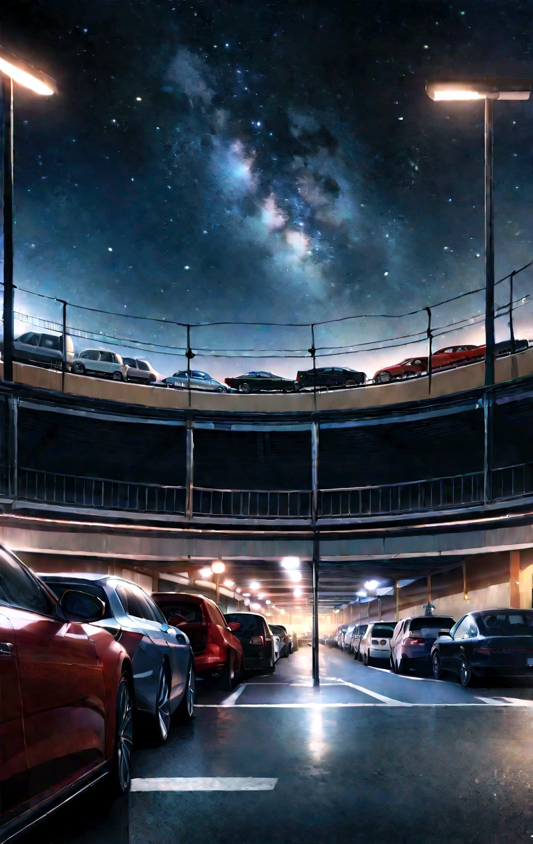 Row of cars in an open-air car park, wired fence, best quality, realistic, takes place at night, stars in the sky, masterpiece, lots of cars, panoramic view 