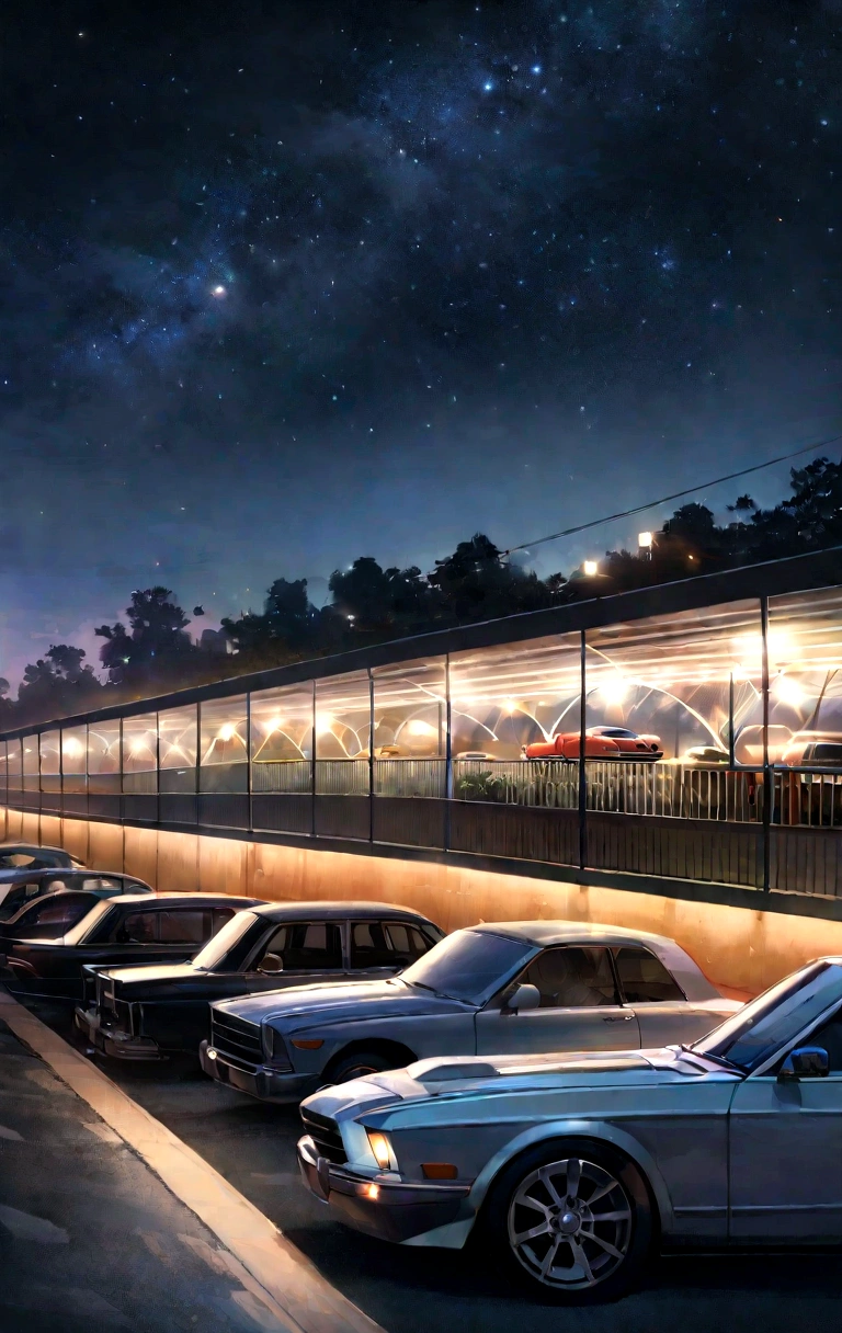 Row of cars in an open-air car park, wired fence, best quality, realistic, takes place at night, stars in the sky, masterpiece, lots of cars, panoramic view