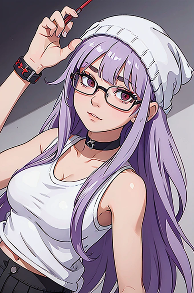 girl, white beanie, bangs, light purple hair, red eyes, glasses, black tanktop, choker, breasts