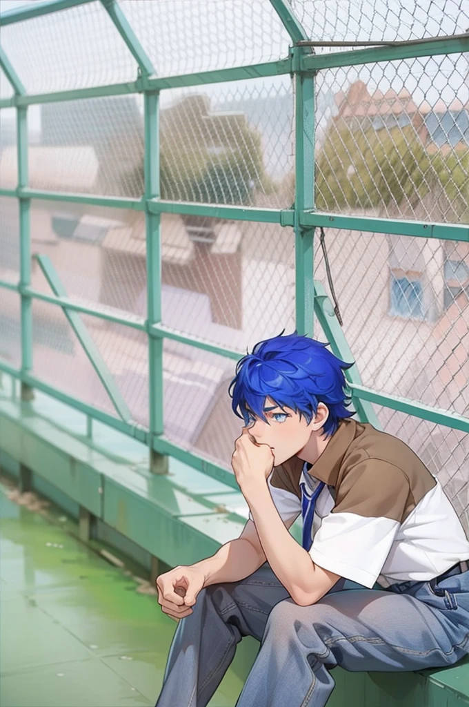 There is a 16-year-old boy with blue hair, blue eyes, on top of a school building, he is thoughtful, somewhat sad, looking at the city.