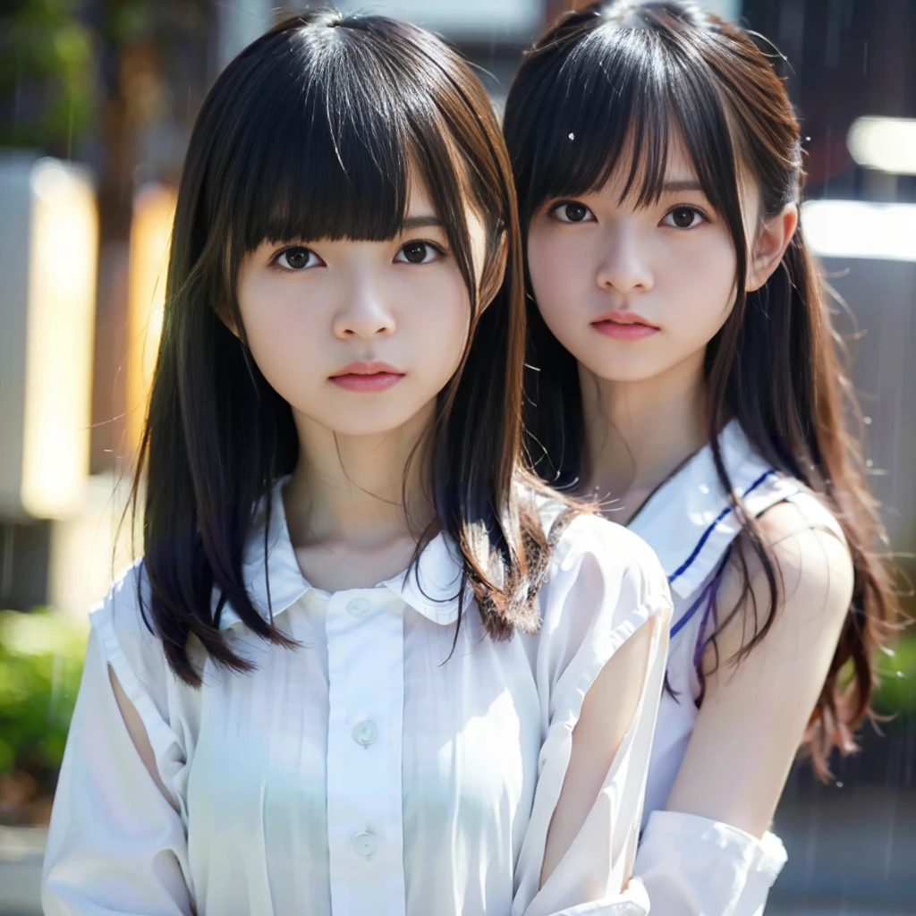 女の子1人、on tokyo street、A city scape、night cityscape、Neon Street、Rain at night、Rain-drenched body、The upper part of the body、a closeup、A smile、、(8K、Raw photography、top-quality、masterpiece:1.2)、(realisitic、photoRealstic:1.37)、Highly detailed eyelash drawing、Sateen、Japan student、Bra white shirt looks wet and see-through in the rain、(((Top image quality))),Small、Fine skin, (Beautiful hair), (Perfect Anatomy), (Realistic), (Dynamic Angle), Pose Seductive,Perfect,Sensual look、top-quality、hight resolution、