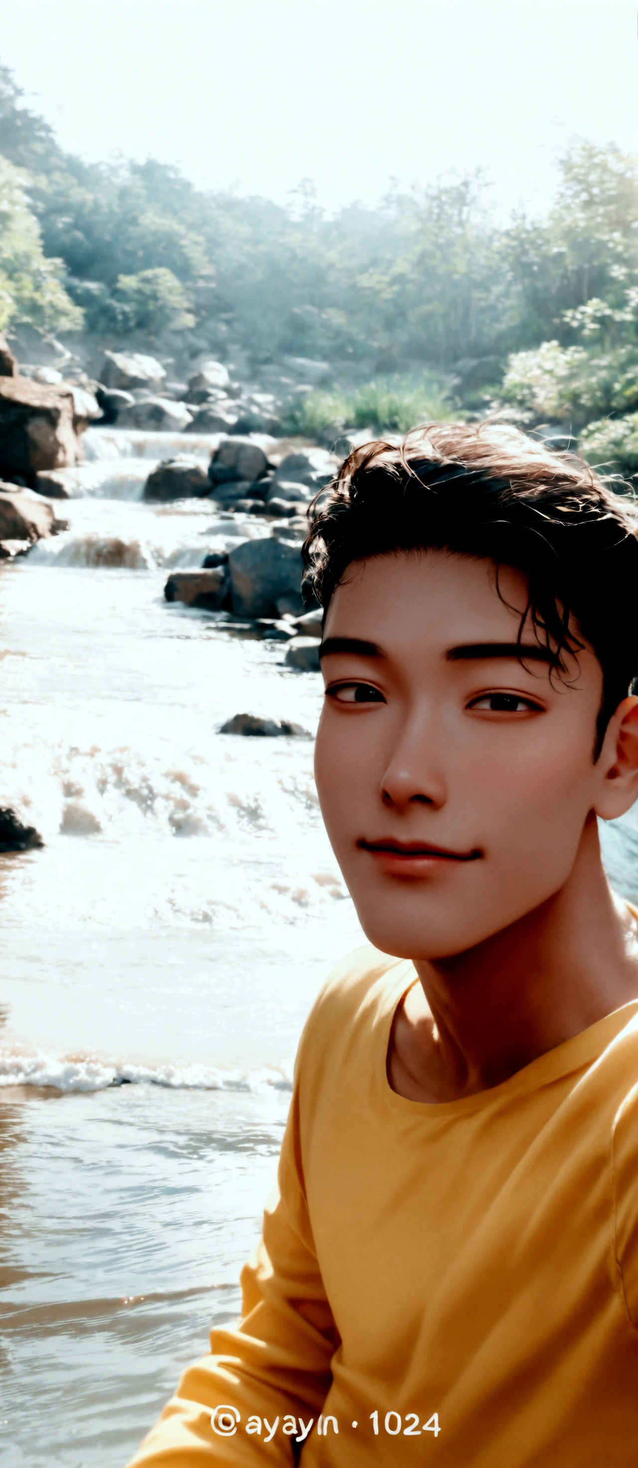 there is a cute korean boy that is standing in front of a river, handsome boy, profile pic, thawan duchanee, ayan nag, profile picture 1024px, picture,  profile picture, cute korean boy, profile picture, selfie photo, yellow tshirt , good looking face, portait photo profile picture