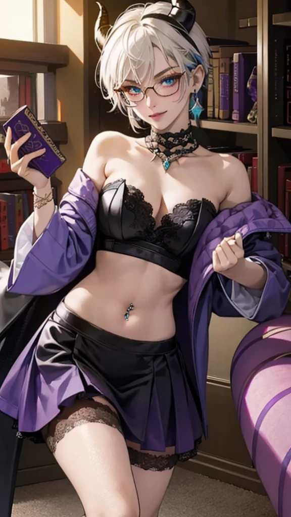 8k, masterpiece, best quality, highly detailed, 1 girl, tiefling, warlock, multicolored hair, very short straight hair green highlight hair on white hair, strippled hair, wearing glasses, round glasses, earrings, red eyeshadow, long eyelashes,navel piercing, blushed cheek, necklace, collarbone, high heels, mole, glamorous, purple and teal clothing, villainy, smirk, seductive face, fullbody view, rings, looking at viewer, standing, demon horns, solo, hand touching cheek, library, black lace gloves, holding book, miniskirt.