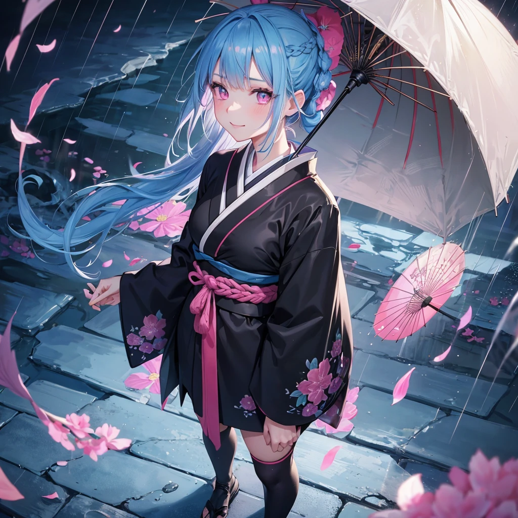 sky Blue hair, (braided ponytail),(pink eyes),fair skin ,(full body),(1 girl),smile,Straight Bangs,(masterpiece, best quality, ultra-detailed, best shadow), (detailed background), (beautiful detailed face), high contrast, (best illumination, an extremely delicate and beautiful), ((cinematic light)), colorful, hyper detail, dramatic light, intricate details,rain shower,kyoto,Japanese Umbrella,black kimono,
