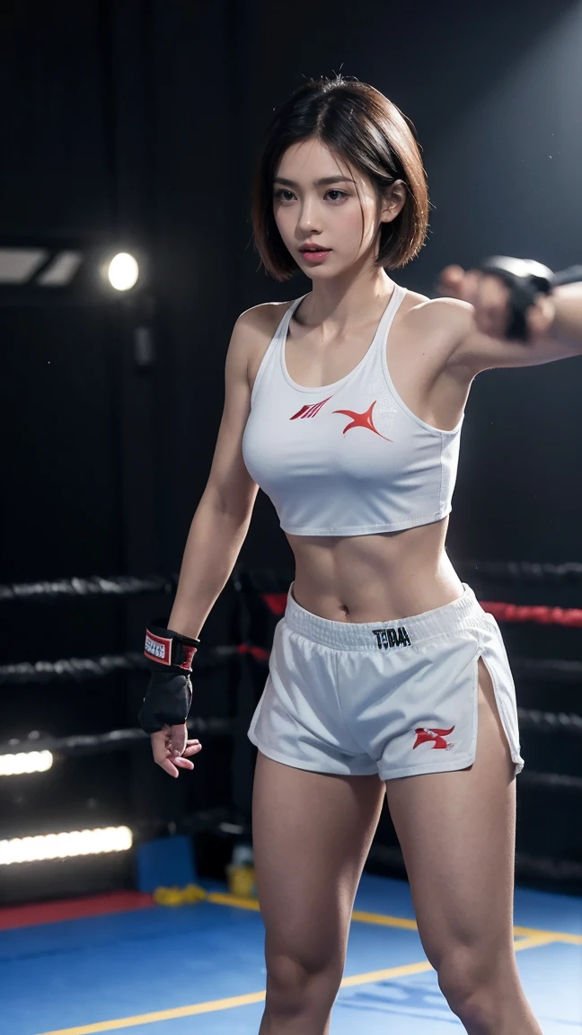 (masterpiece), best quality, expressive eyes, perfect face, HD, 4K, Thailand MMA girl, killer, tanned, (masterpiece), best quality, expressive eyes, perfect face, abs muscular, 1girl, beautiful face, thicker eyebrows, Beauty of beauty, (tan skin, bob cut with movement), black eyes, eyebrows, Looking at Viewer, red polyester bodysuit, smiling look, smile expression, standing in frustration, Black hair, (large swaying chest, A slender,), full body, bandage wrapped legwear, muscles, collarbone, slim waist, slim athletic build, Studio Lighting, Muaythai headband, bandage MMA gloves, Sweating, underworld fighting room, Thai face, (masterpiece), best quality, expressive eyes, perfect face, Thailand MMA girl, killer, tanned, (masterpiece), best quality, expressive eyes, perfect face, 1girl, beautiful face, Beauty of beauty, (shinny skin, bob cut with movement), black eyes, eyebrows, Looking at Viewer, red polyester, Fatigued look, bloodthirsty expression, standing in frustration, Black hair, (large swaying chest, A slender,), full body, bandage wrapped legwear, muscles, collarbone, slim waist, slim athletic build, Studio Lighting, Muaythai headband, bandage MMA gloves, Sweating, underworld fighting room, Thai face, hard knee veins, MuayThai, perfect anatomy, bandaged foot, feet, dolphin shorts, solo, cum inside, sperm inside, wet shorts, Mizuno brand clothing, kickboxing, kicking feet, kick pose, veins knee, two leg, bandages, bandage fighter, obliques, MuayThai, perfect anatomy, bandaged foot, feet, MMA shorts, solo, cum inside, sperm inside, wet shorts, kicks, Her Name, Thai face woman, bleeding, wounded, bruises, rich wealth, tanned skin, tan skin, brown skin color, muaythai bodysuit, rich woman, wealthy