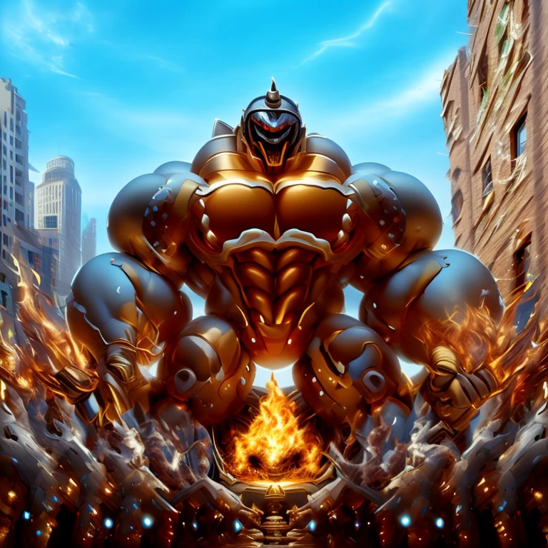solo (masterpiece. official art. 8k. best quality. detailed full body. full body.)
(situation 1 : dominating Armored Flazzard. Armored Flazzard is over 1000 meters long. focus GIANT mechanical Muscular Armored Flazzard is trampling the city. Looking down. macro. stomp. Low-angle perspective. emphasizing the immense size.)
(situation 2 :smoke and flames rising from the destruction in the city)
(Additional details 1: real texture material. whole body shines like metal. emphasizes the muscles. suit fully made of metal.).
(Additional details 2: Detailed head. Detailed Body. Detailed abs. gigantic muscles. HYPER MUSCLES. Gigachad Muscular. big muscle. pecs. triceps. traps. unusually developed muscular body. body full of huge muscles. showing off muscles. pectorales enormes. Exaggeratedly huge muscles. huge muscles. long legs.).
his back he wears a golden cloak.