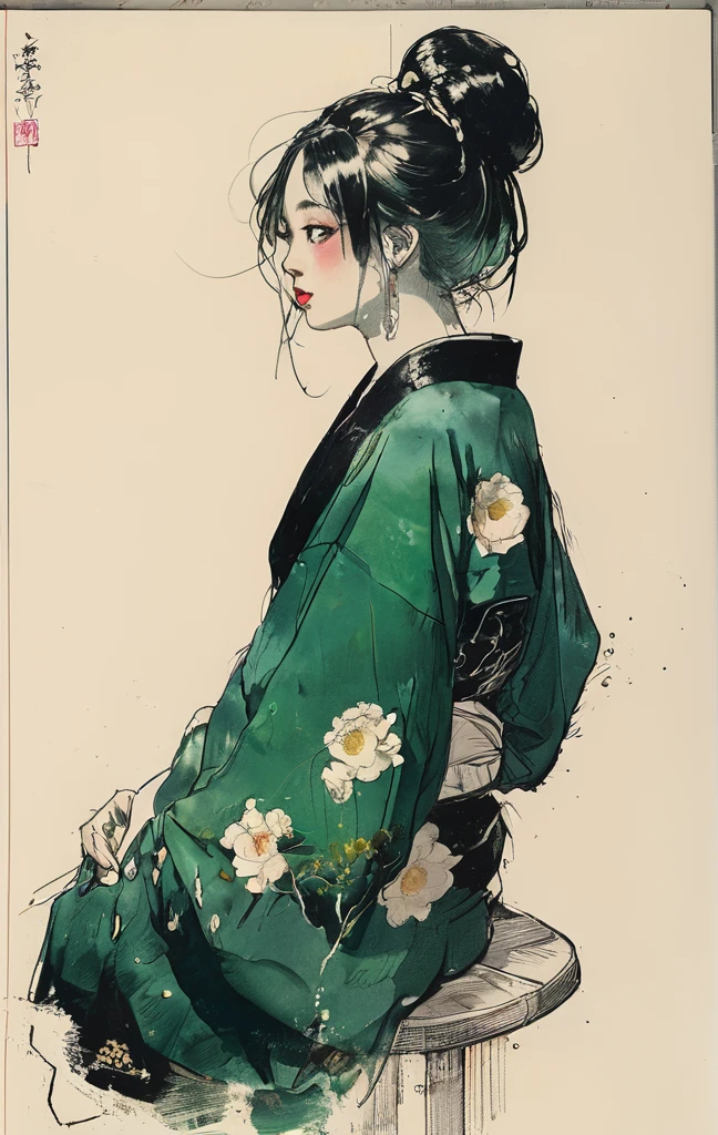 (highest quality, sketch:1.2), High resolution:0.75, Illustrator,anime, 1 girl, detailed lips, yukata、green dress,custom, (Dark monochrome background),neon hair,Texture Cropping, masterpiece, style, Retro Classic, Dark Black, Art Station, sketch book, bob hair [green:1.75] [neon:1.32], (Dark monochrome background:2.1), epic realistic, detailed