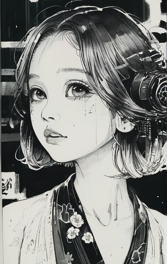 (highest quality, sketch:1.2), High resolution:0.75, Illustrator,anime, 1 girl, detailed lips, yukata、green dress,custom, (Dark monochrome background),neon hair,Texture Cropping, masterpiece, style, Retro Classic, Dark Black, Art Station, sketch book, bob hair [green:1.75] [neon:1.32], (Dark monochrome background:2.1), epic realistic, detailed