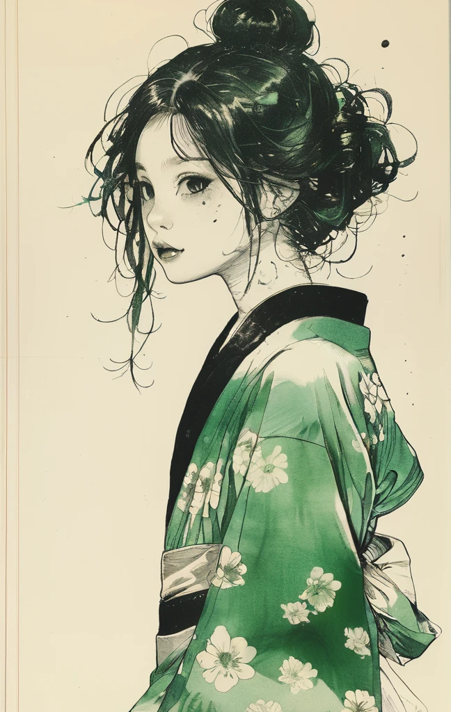 (highest quality, sketch:1.2), High resolution:0.75, Illustrator,anime, 1 girl, detailed lips, yukata、green dress,custom, (Dark monochrome background),neon hair,Texture Cropping, masterpiece, style, Retro Classic, Dark Black, Art Station, sketch book, bob hair [green:1.75] [neon:1.32], (Dark monochrome background:2.1), epic realistic, detailed