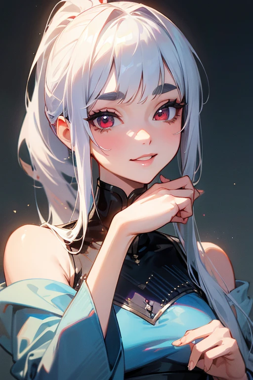 (Highest quality, masterpiece:1.2), (High resolution, 最高masterpiece).(difficult).Very detailed, Realistic:1.37, Fantasy, An illustration,Gray Hair、 Red eyes、Queen, White and blue dress、beautifully、Eyeshadow Red、Thick eyebrows、Long eyelashes、pupils are black、shiny on the lips、Top Sites、Queen、Princess、A kind smile、Show your teeth a little and smile、Soft impression、people々Loved by、Slimming the face、Shoulder Bare、ponytail、Kissing Face、Long white hair、Shaggy Bangs、Save face image、((Sequined Dress))