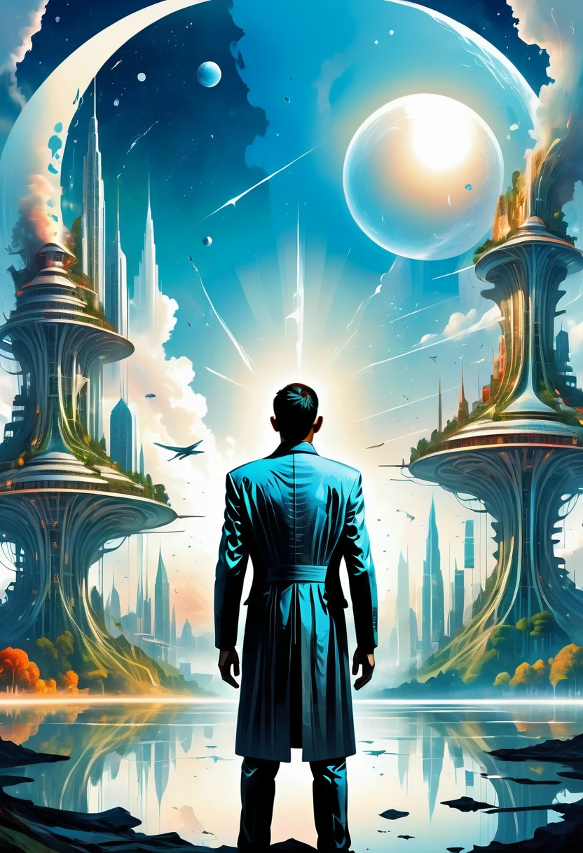 Dubrec style,Transparent figure back,Vision of the future utopian world image,(Multiple Exposure:1.8),Intricate illustration in surreal art style,surreal dreamscape,Future utopian world dream