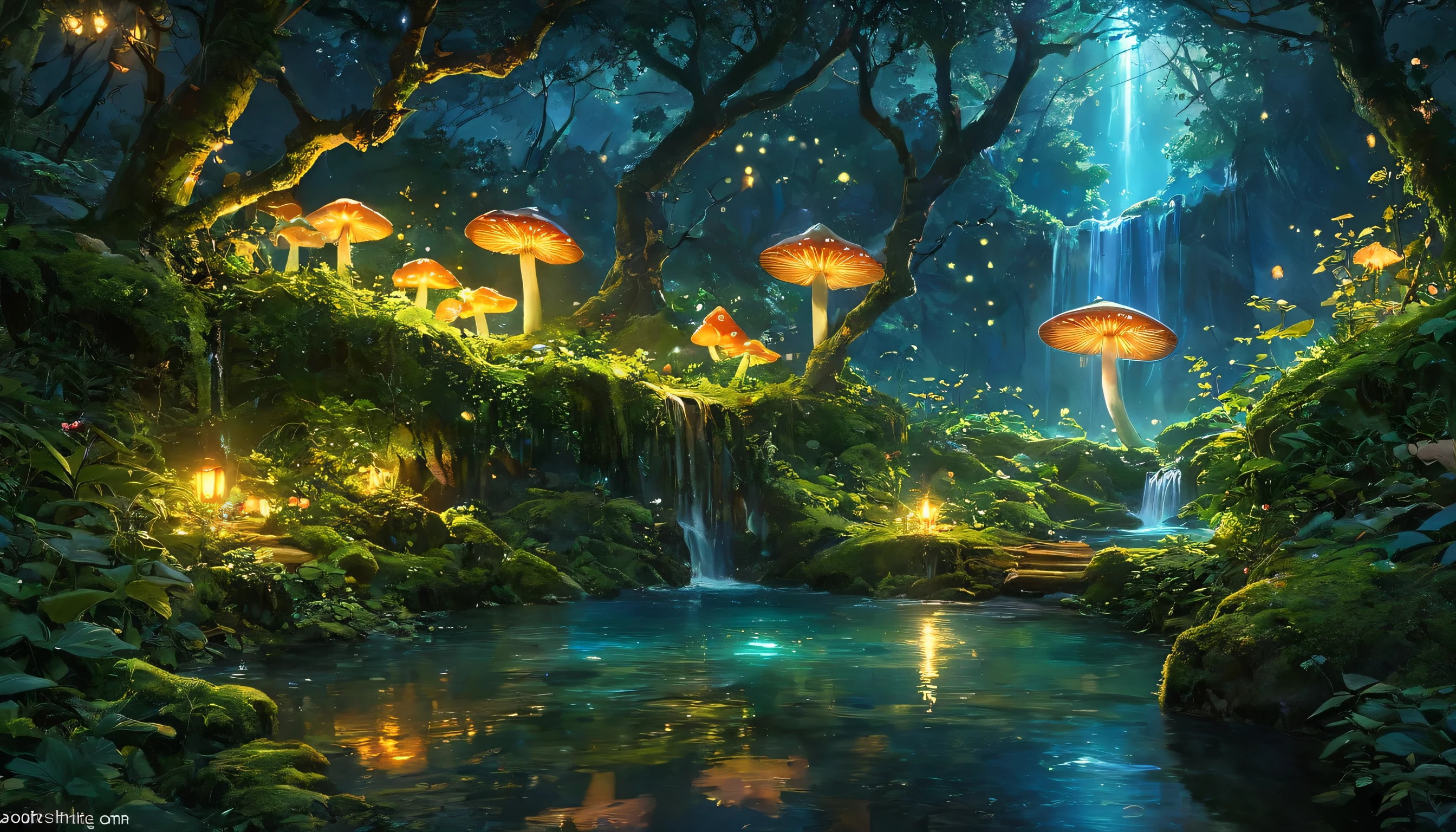 magical forest at night。Glowing mushrooms and fireflies illuminate the scene、Ancient wood々are densely packed and covered with moss and ivy.。wood々The branches form a natural canopy.、The moonlight shines in as soft rays。A quiet river flows through the forest、Reflecting the stars in the night sky。You can hear the mystical sound of a waterfall in the distance.。Faintly glowing fairies fly about、It adds a touch of fantasy to the tranquil atmosphere.。The overall atmosphere is tranquil, mysterious and otherworldly.、Full of quiet surprises and charm。