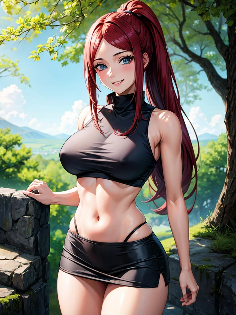 uzumaki_kushina,1girl, blue eyes,big massive_breasts, medium thighs, medium ass, solo, shirt,navel, cleavage,bellybutton,ponytail,tight dress, short skirts, masterpiece, best quality, detailed face, detailed eyes, highres, (masterpiece:1.4, best quality:1.2), (Highres), (Detailed Illustration), Ultra-Detailed, cheery trees, looking in front, smiling playfully with a mischievous glint in the eyes, standing