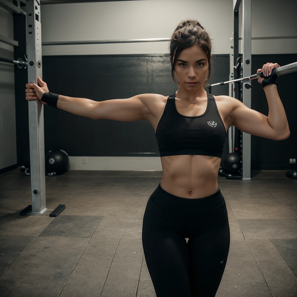 Give me an image of the woman at the gym with a training outfit posing, I need the image to be dark, very tumblr to be able to offer my services as a personal trainer