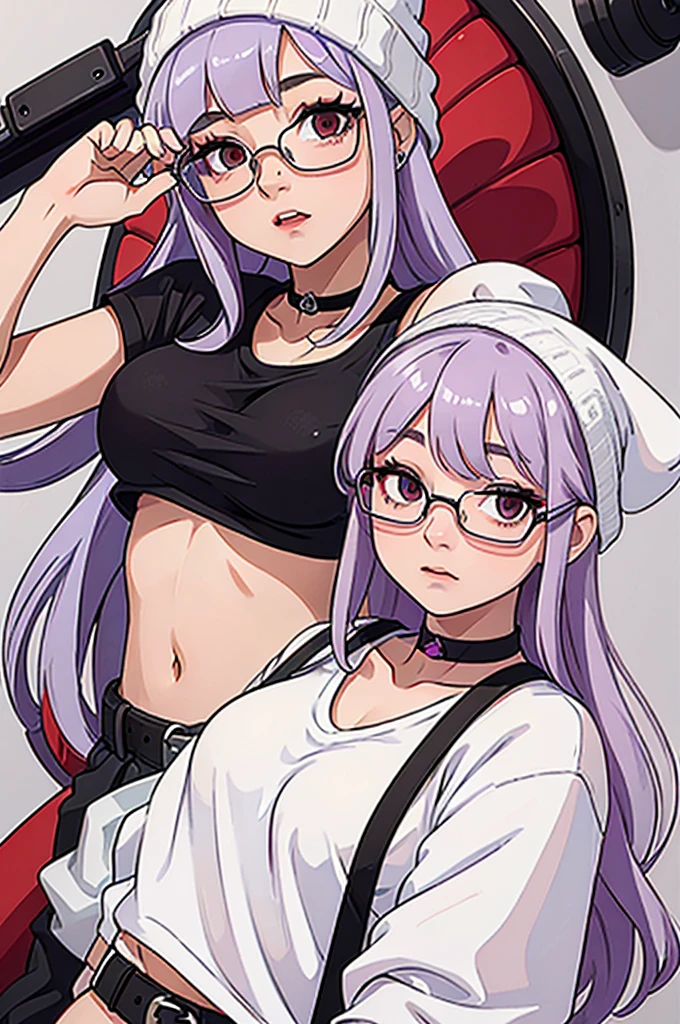 girl, white beanie, bangs, light purple hair, red eyes, glasses, [black tanktop], choker, breasts