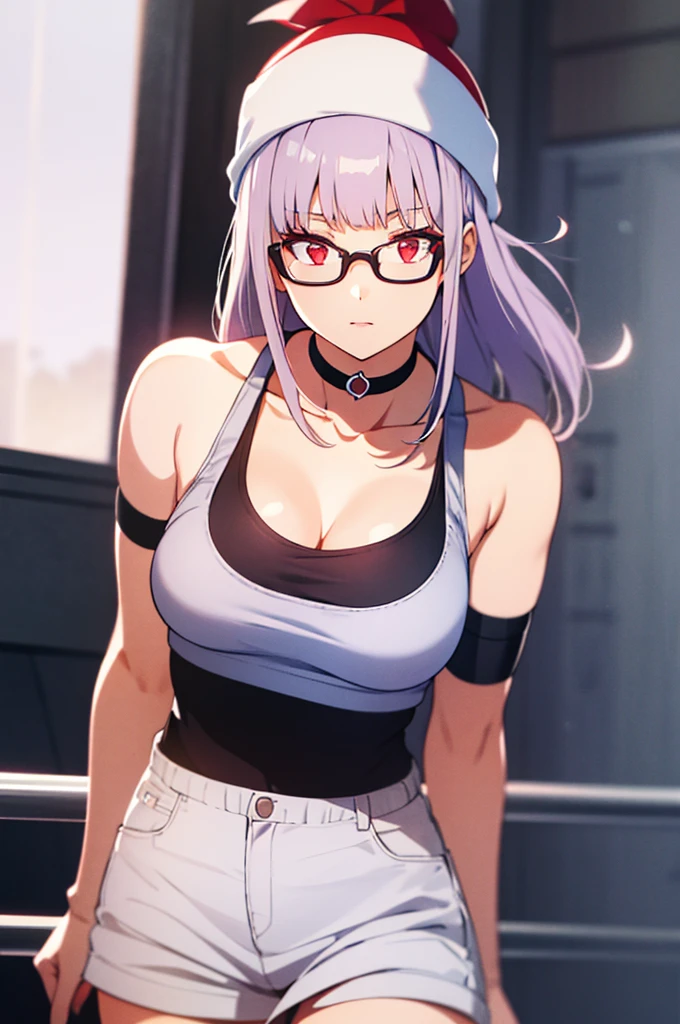 girl, white beanie, bangs, light purple hair, red eyes, glasses, [black tanktop], choker, breasts