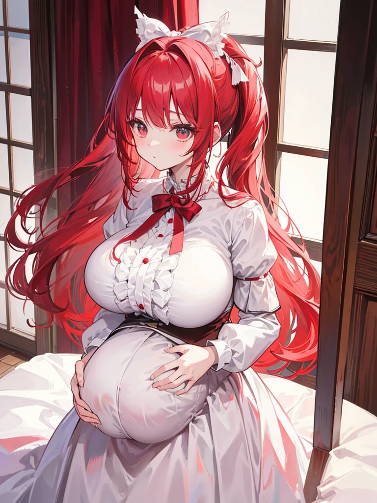 1 22-year-old girl,Red Hair, Long double ponytail, shirt, Fluffy collar, White fluffy skirt, White ribbon on hair, Lots of hair accessories, ta,(Pregnant,Huge breasts:1.8),Room