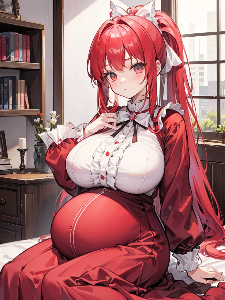 1 22-year-old girl,Red Hair, Long double ponytail, shirt, Fluffy collar, White fluffy skirt, White ribbon on hair, Lots of hair accessories, Lolita，(Pregnant，Huge breasts：1.8)，Room