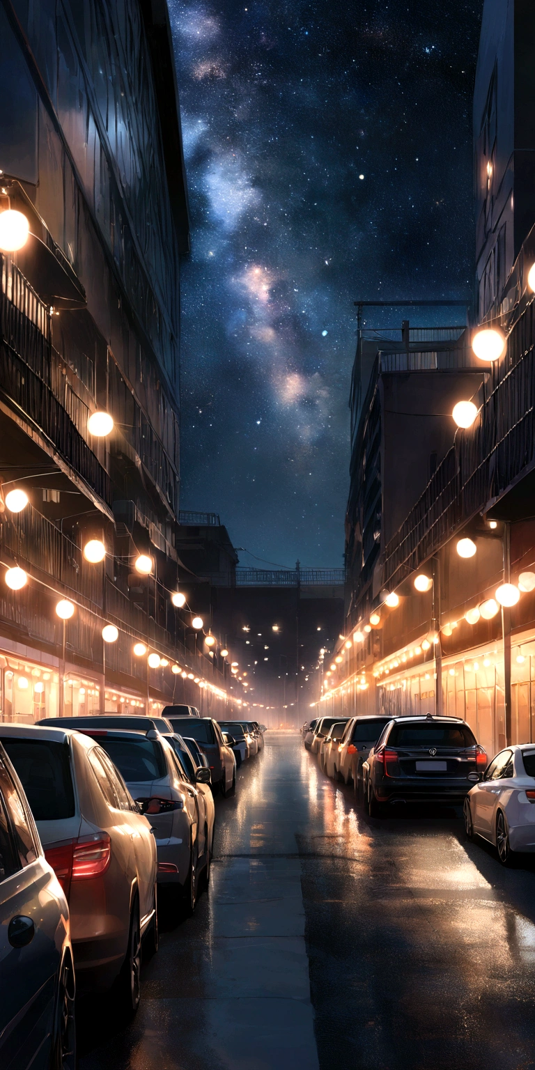Row of cars in an car park, wired fence, lights on the street, best quality, realistic, takes place at night, stars in the sky, masterpiece, lots of cars, panoramic view