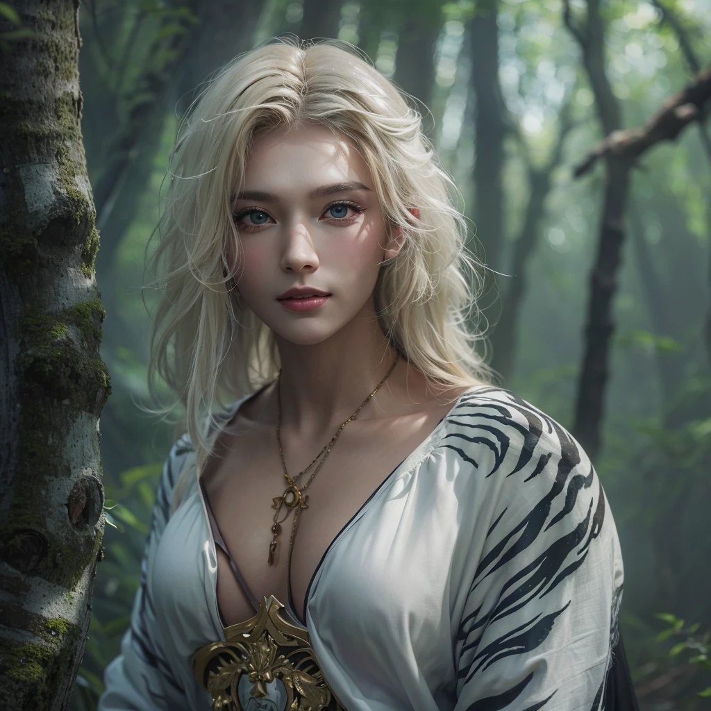 Standing in the forest、Hair flow、 ((Highest quality、masterpiece、8K、Best image quality、Ultra-high resolution、Award-winning works)、(Accurate anatomy:1.1)、(Look at me and smile:1.1)、Shining fair skin with Ultra-high resolution、The most detailed face、Ultra-high resolution detailed face、Ultra-high resolutionのblond hair、(Ultra-high resolution eye:1.1)、Beautiful face drawn in every detail、Traditional Russian costume , Chest to chest, Strange atmosphere, Next to him stands a real white tiger, Dark Light, in the forest , Heavy makeup