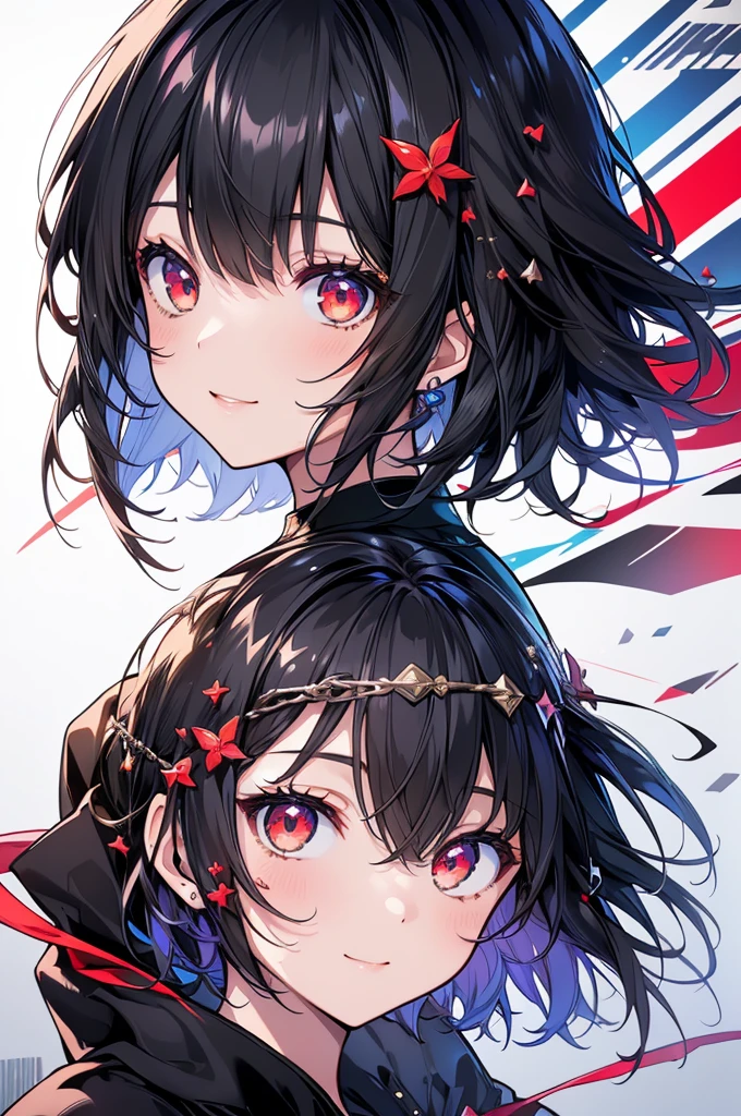 (masterpiece, highest quality, highest quality, (No text), Beautiful and aesthetic:1.2),No text,アニメ、BREAK,One Girl,Black Hair Girl short hair Tree Eyes Beautiful eyes Red eyes cool smile Red and Black coat mini skirt whole body