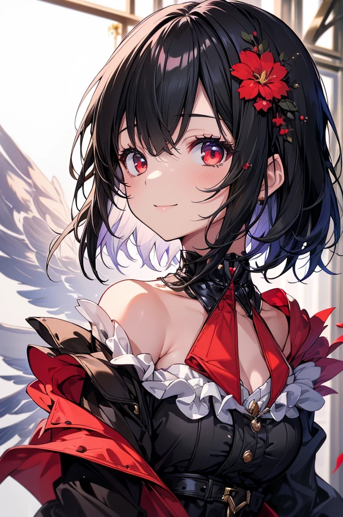 (masterpiece, highest quality, highest quality, (No text), Beautiful and aesthetic:1.2),No text,アニメ、BREAK,One Girl,Black Hair Girl short hair Tree Eyes Beautiful eyes Red eyes cool smile Red and Black coat mini skirt whole body