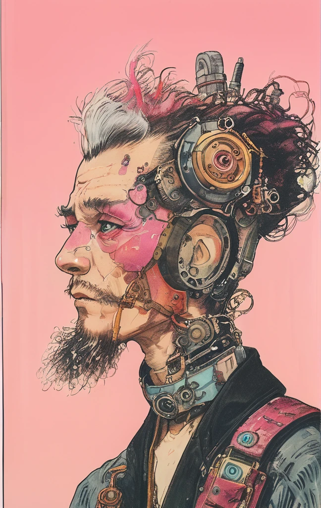 a detailed photograph of old man with a extravagant pink Mohawk and steampunk clothing by worlds best photographer, punk rock, extremely realistic, muted colours, soft lighting, 8k, hi-res,