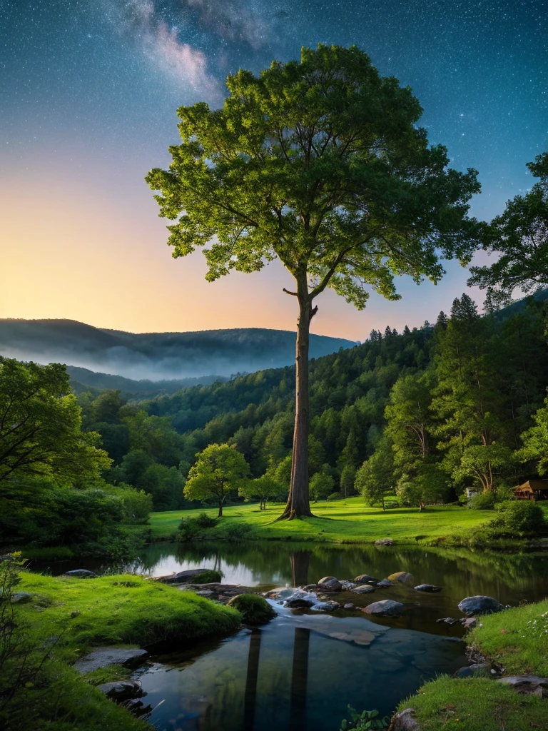 Giant Tree、Starry Sky、lake、Forest