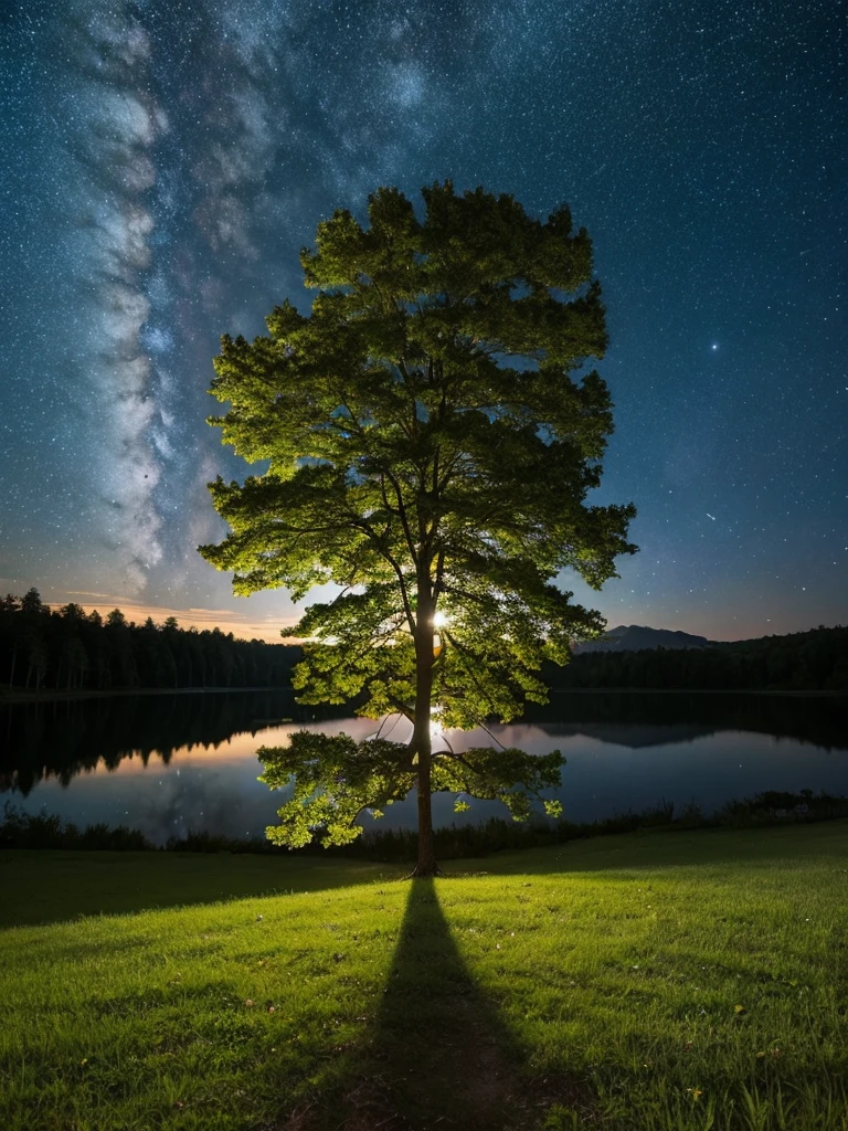 Giant Tree、Starry Sky、lake、Forest