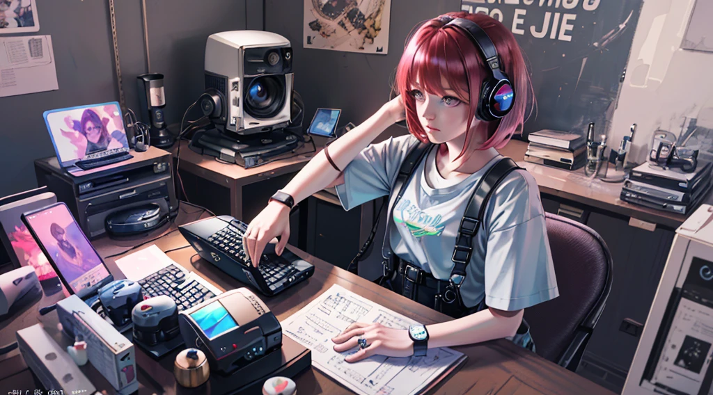 A girl plays with a computer while studying, Red hair, Technology style, Pink, purple, Blue, Monitors, keyboard, notebooks, Desk work, Computer host, mobile phone, mouse, stereo, illustration, iphone, Mac, Macbook, AirPods Pro, wireless headset, short sleeve T-shirts, Short skirt, Wide-angle lens, (Full body photo), tmasterpiece、(Photorealsitic:1.4)、top-quality、beautiful light up、(Ulzzang-6500:0.5)、makima \(chainsawman\)、(bob hair)+(brunette color hair)+(By bangs)、eRed eyes、eRed eyes、Kaihuai、((Ring-shaped Eyes))、RAW photography、8K  UHD、Film grains